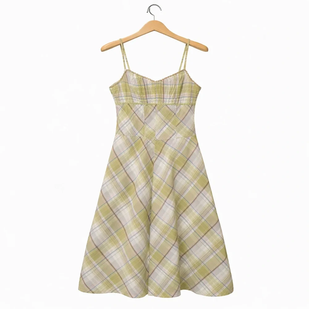 Vintage Tommy Jeans Babydoll Dress Womens Size Medium Green Plaid Preppy Y2K - Picture 2 of 14